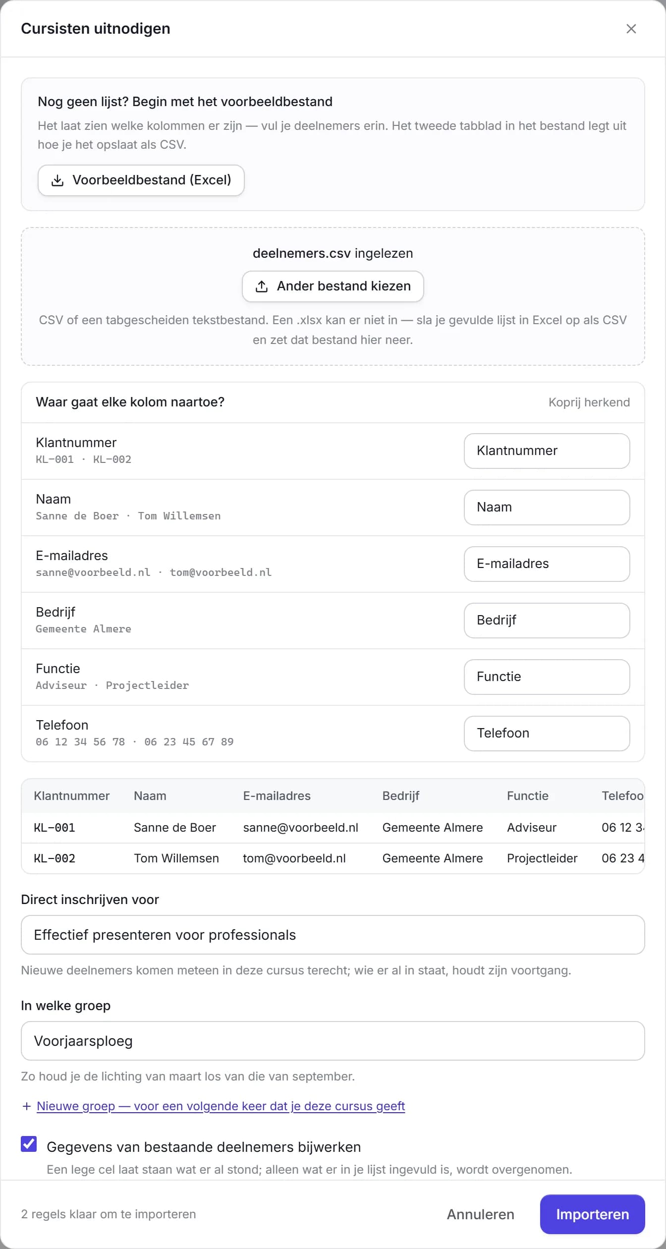 Het importeren met een neergezet bestand: per kolom een keuzelijst die zegt waar hij naartoe gaat, met de eerste waarden eronder, en daaronder de voorbeeldtabel met de regels zoals ze verwerkt worden.